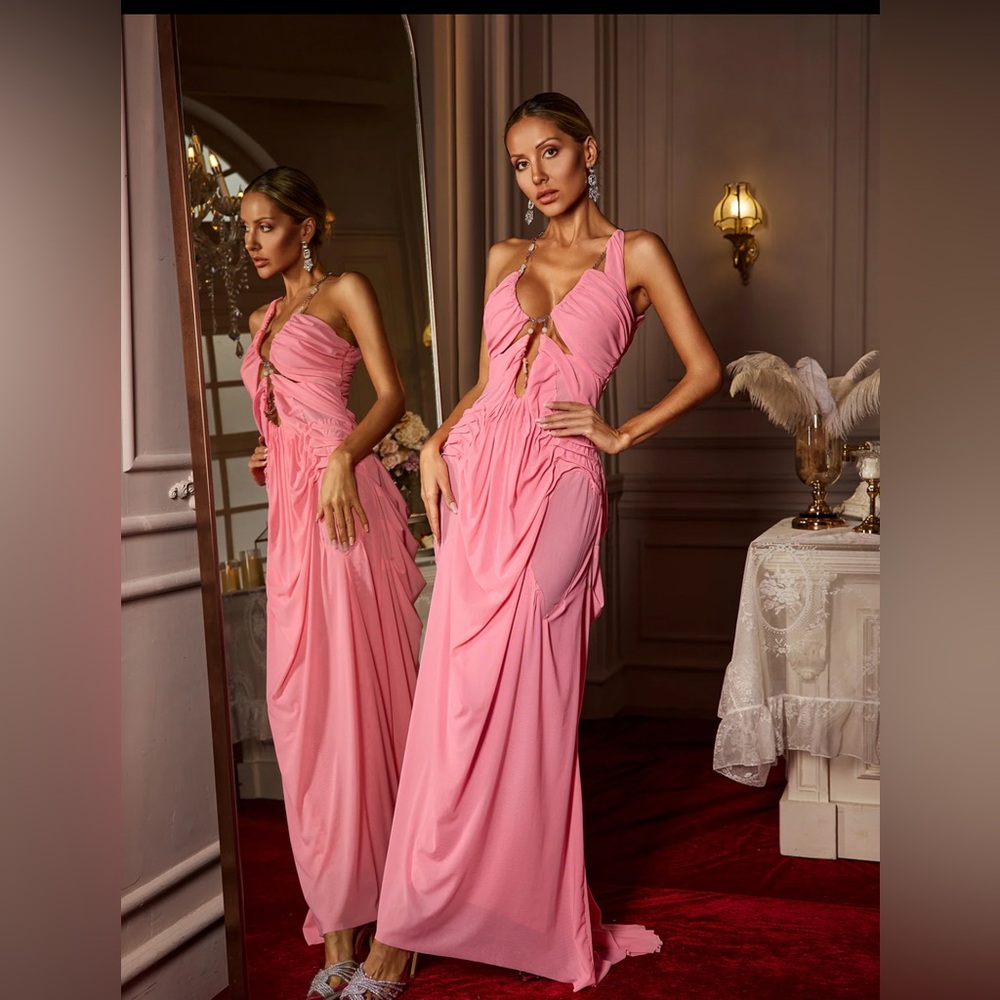 Mew Mews Daiki Halterneck Ruched Maxi Dress In Pink size S